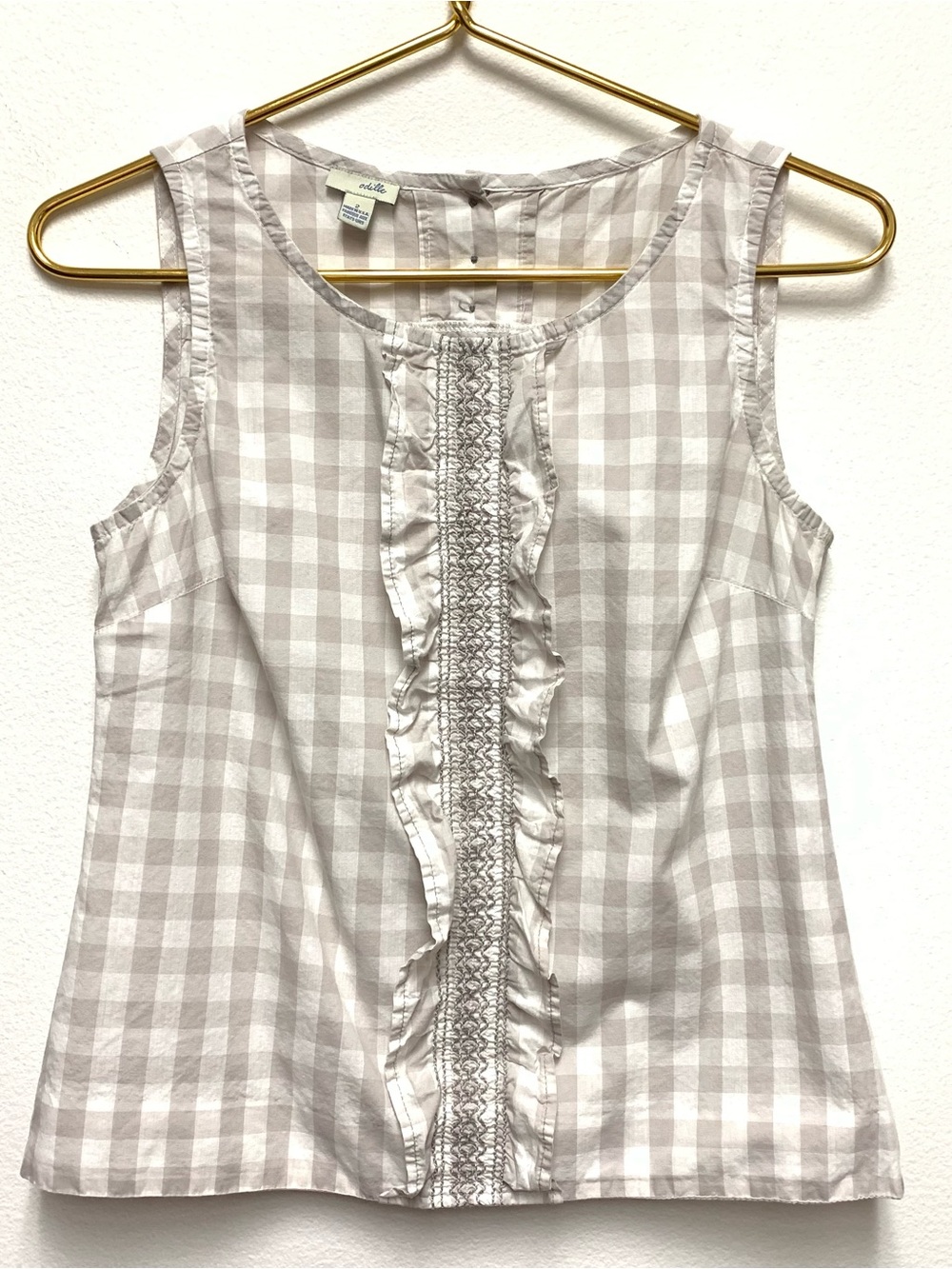 Odille Anthropologie Ruffle Sleeveless Blouse Size 2 Grey Gingham Cottage Preppy